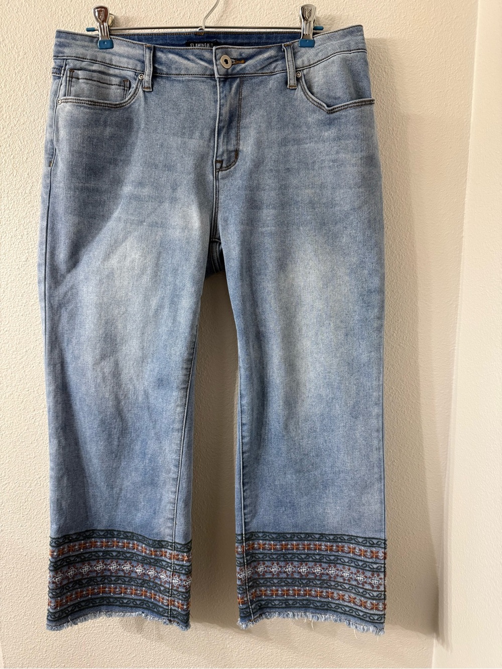 Flamingals Cropped Embroidered Jeans | XL (12/14)| Raw Hem Boho Denim